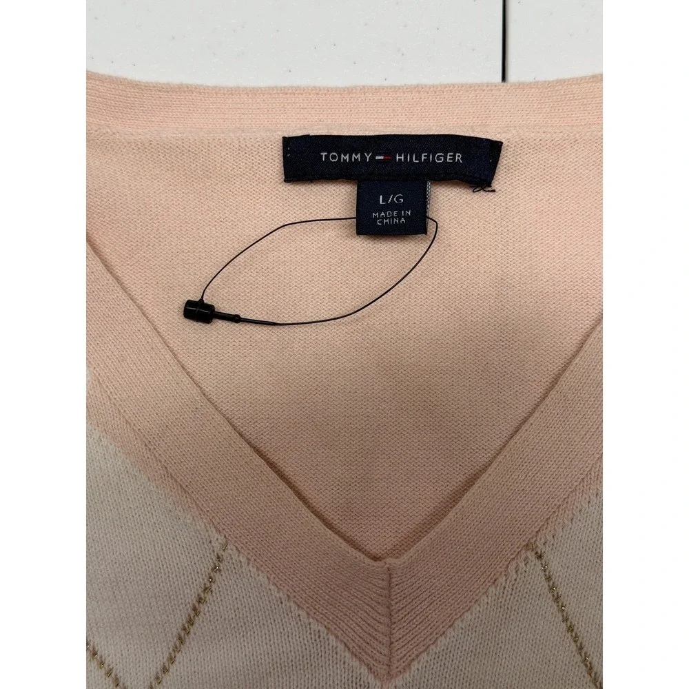 Tommy Hilfiger Sweater Womens Large Pink Peach Argyle V-Neck Tennis Prep Pastel - Picture 8 of 11